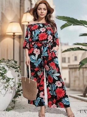 Off-Shoulder Floral Jumpsuit Romper Black with Red Blooms. Size Medium